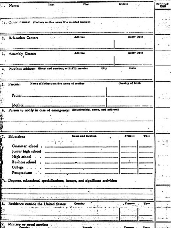 Upper left part of a blank Individual Record form (Form WRA-26) of the War Relocation Authority.